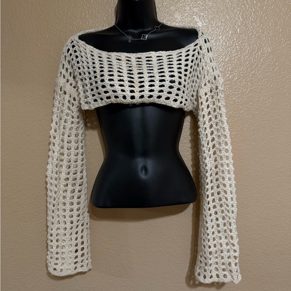 SHEIN Cream Open-Knit Crop Top